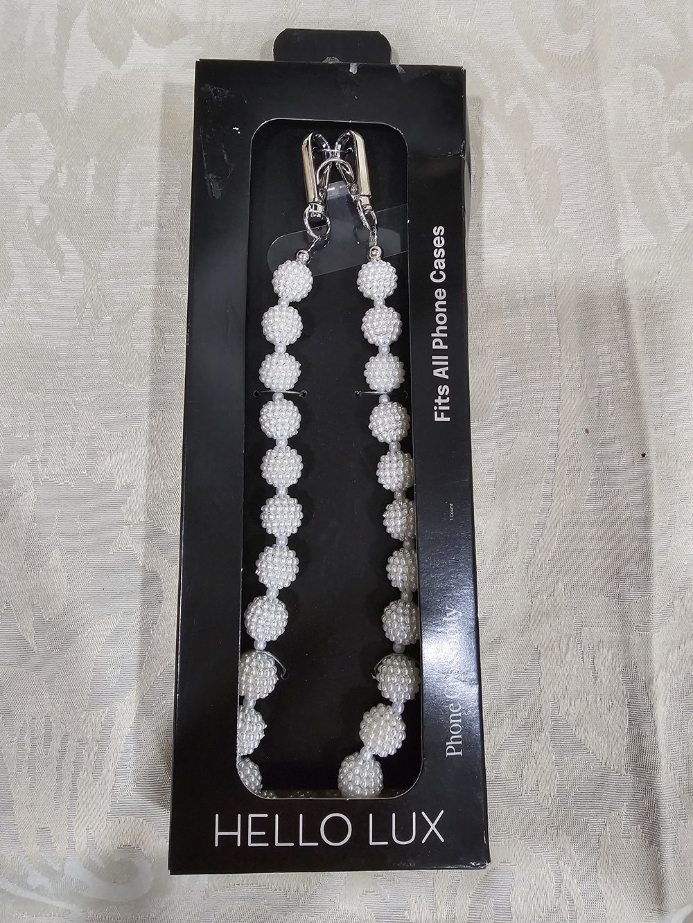 Lux White Beaded Phone Strap with Silver Clips